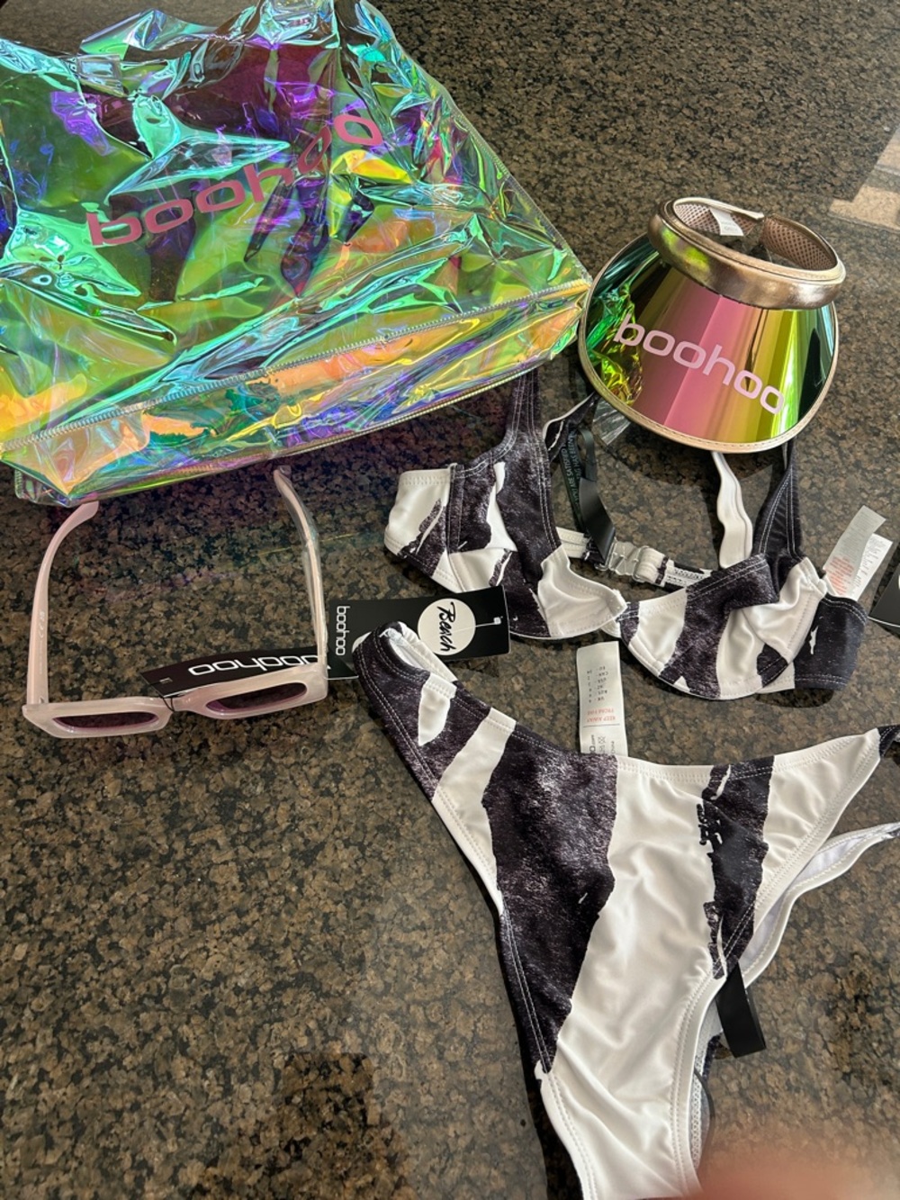 Boohoo Iridescent Tote & Visor with Black-and-White Bikini Set